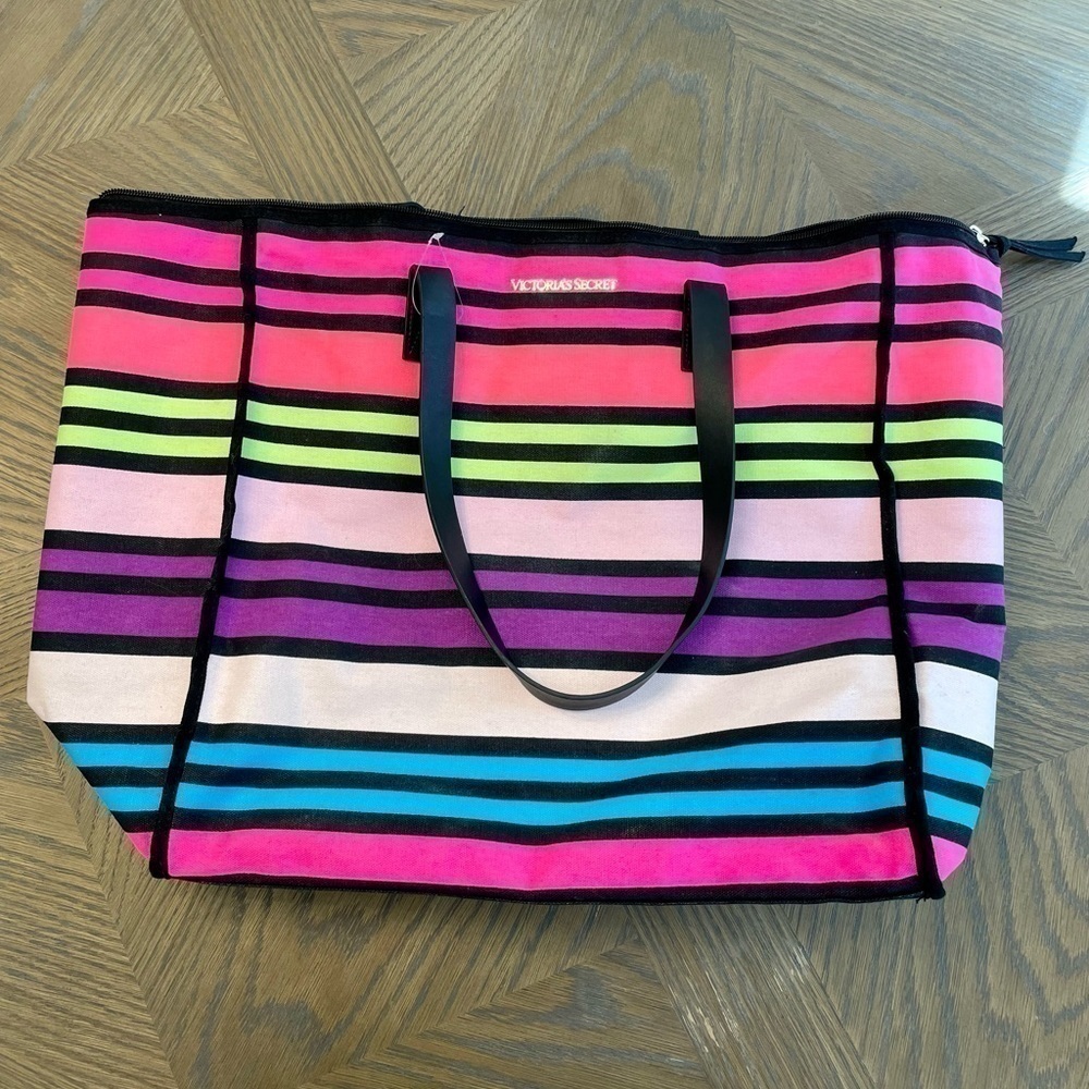 VICTORIA’S Secret Large Striped Rainbow Neon Tote Bag - Picture 2 of 11